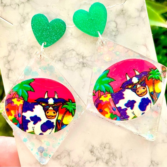 Lisa Frank Cow Sticker Acrylic Earrings - Picture 1 of 4
